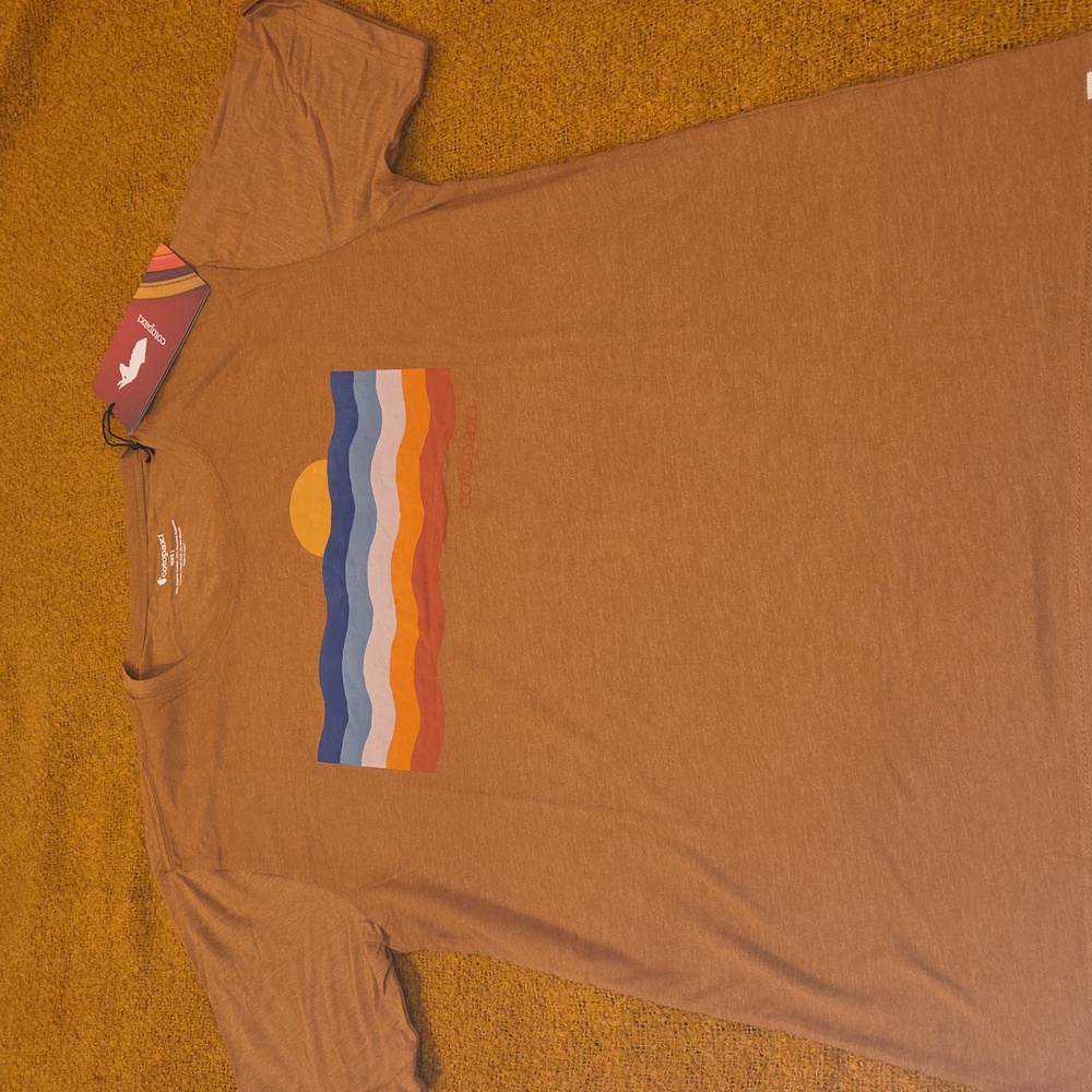 Cotopaxi Brown Tee with Colorful Stripe Design